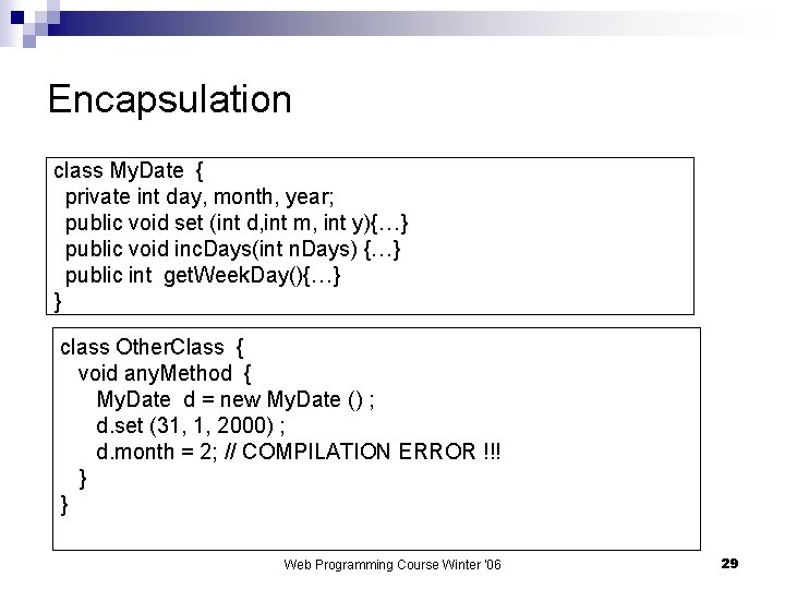 Encapsulation class My. Date { private int day, month, year; public void set (int