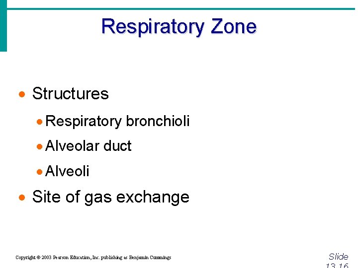 Respiratory Zone · Structures · Respiratory bronchioli · Alveolar duct · Alveoli · Site