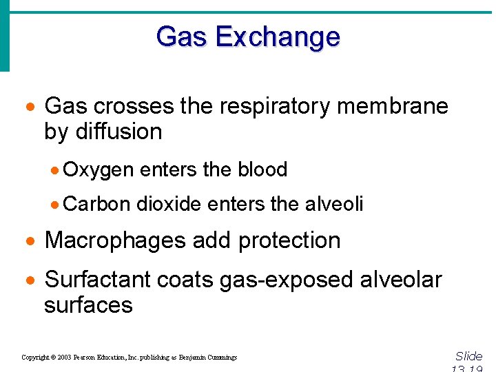 Gas Exchange · Gas crosses the respiratory membrane by diffusion · Oxygen enters the