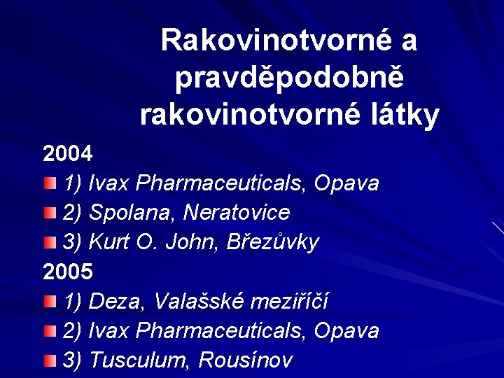 Rakovinotvorné a pravděpodobně rakovinotvorné látky 2004 1) Ivax Pharmaceuticals, Opava 2) Spolana, Neratovice 3)