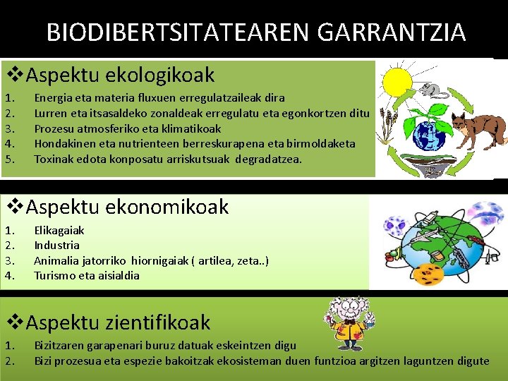 BIODIBERTSITATEAREN GARRANTZIA v. Aspektu ekologikoak 1. 2. 3. 4. 5. Energia eta materia fluxuen