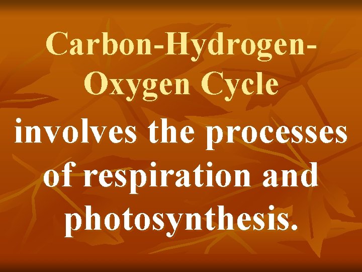 Carbon-Hydrogen. Oxygen Cycle involves the processes of respiration and photosynthesis. 