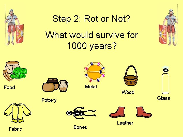 Step 2: Rot or Not? What would survive for 1000 years? Metal Food Wood