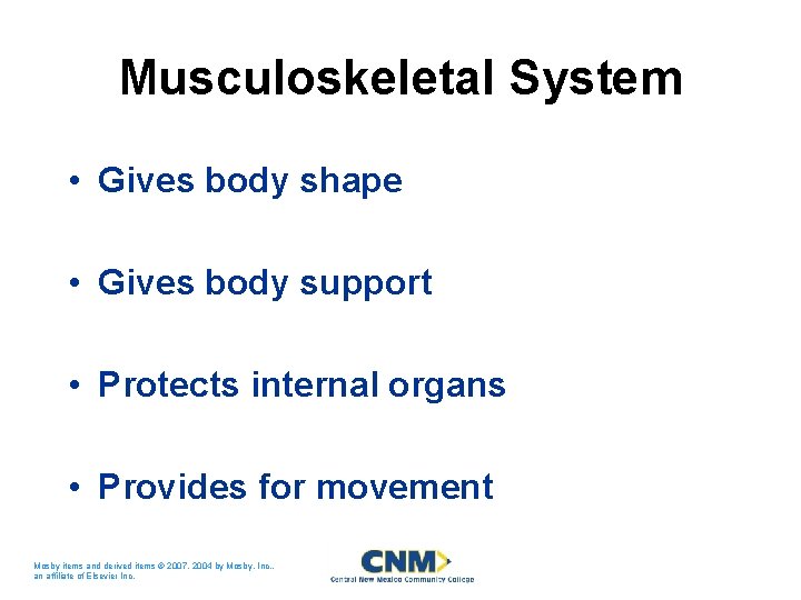 Musculoskeletal System • Gives body shape • Gives body support • Protects internal organs