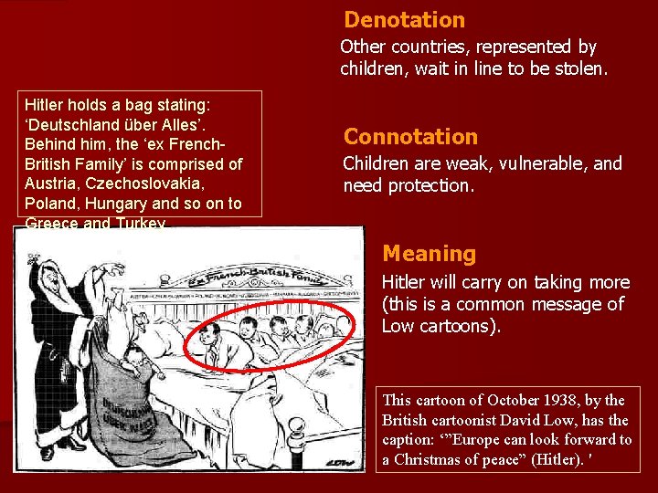 Denotation Other countries, represented by children, wait in line to be stolen. Hitler holds