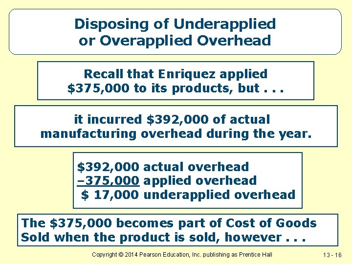 Disposing of Underapplied or Overapplied Overhead Recall that Enriquez applied $375, 000 to its