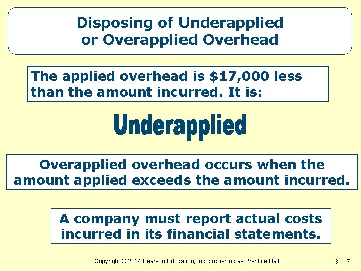 Disposing of Underapplied or Overapplied Overhead The applied overhead is $17, 000 less than
