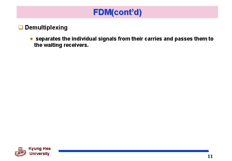 FDM(cont’d) q Demultiplexing separates the individual signals from their carries and passes them to FDM(cont’d) q Demultiplexing separates the individual signals from their carries and passes them to