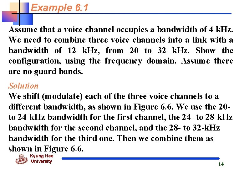 Example 6. 1 Assume that a voice channel occupies a bandwidth of 4 k. Example 6. 1 Assume that a voice channel occupies a bandwidth of 4 k.