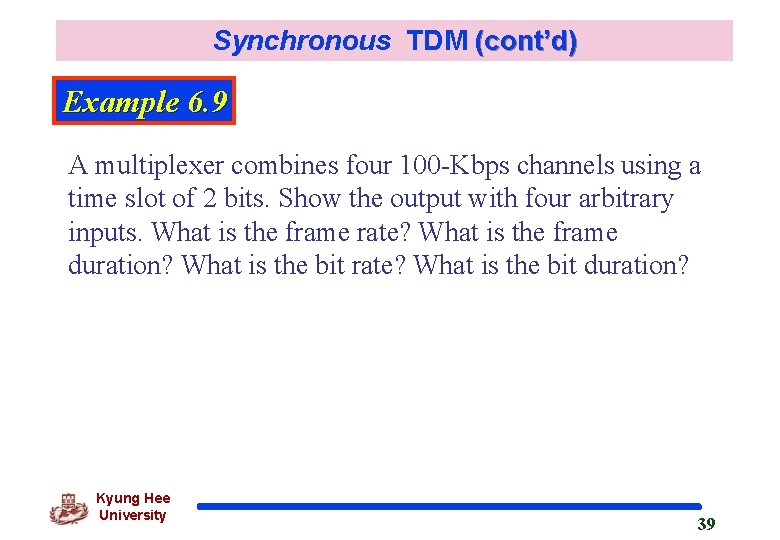 Synchronous TDM (cont’d) Example 6. 9 A multiplexer combines four 100 -Kbps channels using Synchronous TDM (cont’d) Example 6. 9 A multiplexer combines four 100 -Kbps channels using