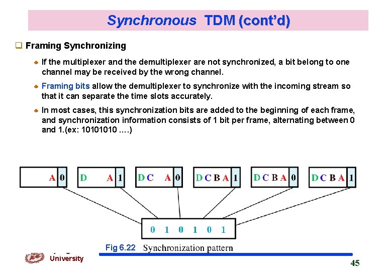 Synchronous TDM (cont’d) q Framing Synchronizing If the multiplexer and the demultiplexer are not