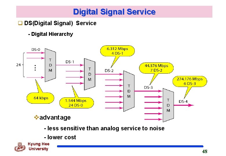 Digital Signal Service q DS(Digital Signal) Service - Digital Hierarchy vadvantage - less sensitive