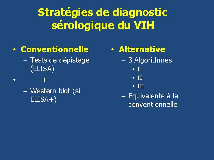 Stratégies de diagnostic sérologique du VIH • Conventionnelle – Tests de dépistage (ELISA) •