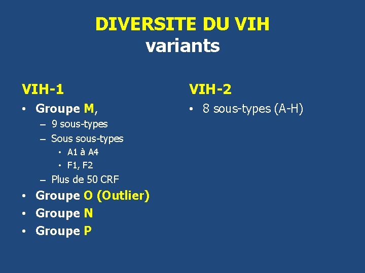 DIVERSITE DU VIH variants VIH-1 VIH-2 • Groupe M, • 8 sous-types (A-H) –