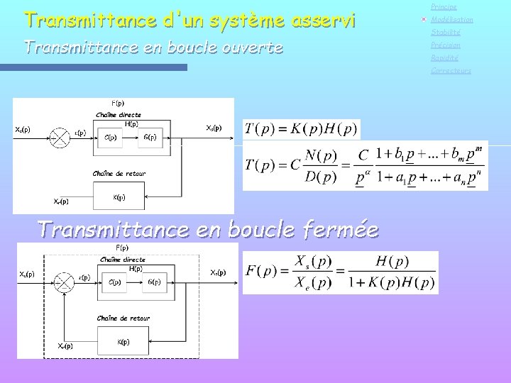 Transmittance d'un système asservi Transmittance en boucle ouverte Principe Modélisation Stabilité Précision Rapidité Correcteurs