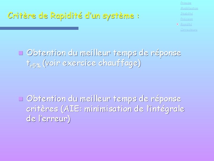 Principe Critère de Rapidité d’un système : Modélisation Stabilité Précision Rapidité Correcteurs n Obtention