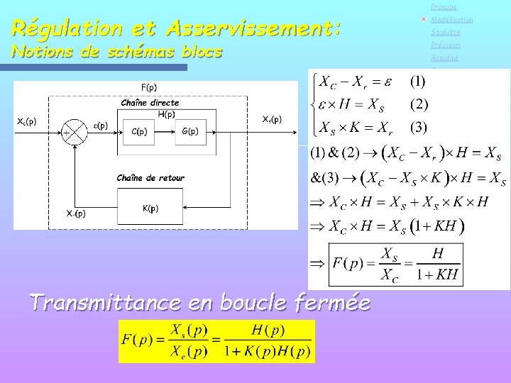 Régulation et Asservissement: Notions de schémas blocs Principe Modélisation Stabilité Précision Rapidité Correcteurs Transmittance