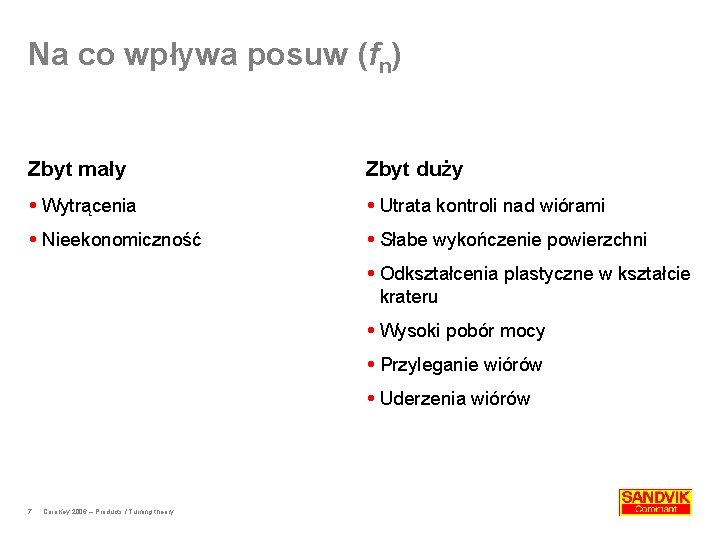 Na co wpływa posuw (fn) Zbyt mały Zbyt duży Wytrącenia Utrata kontroli nad wiórami