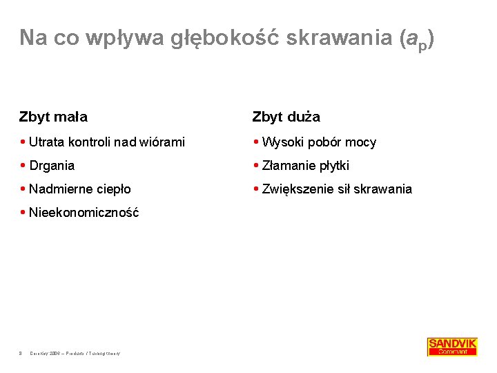 Na co wpływa głębokość skrawania (ap) Zbyt mała Zbyt duża Utrata kontroli nad wiórami