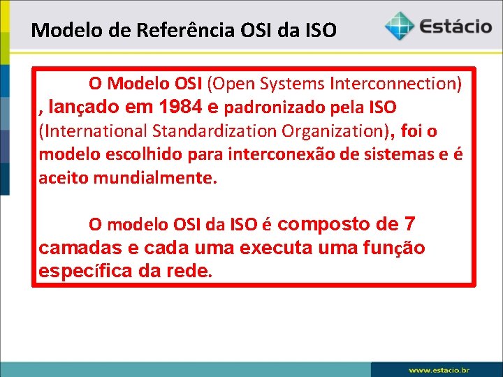 Modelo de Referência OSI da ISO O Modelo OSI (Open Systems Interconnection) , lançado