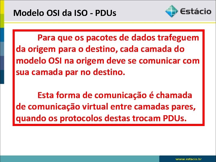 Modelo OSI da ISO - PDUs Para que os pacotes de dados trafeguem da