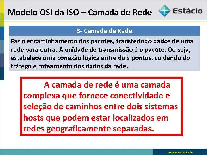 Modelo OSI da ISO – Camada de Rede 3 - Camada de Rede Faz