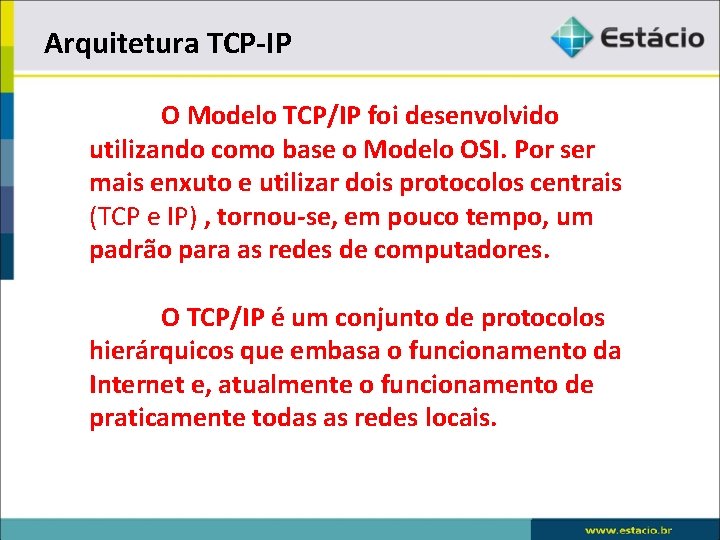 Arquitetura TCP-IP O Modelo TCP/IP foi desenvolvido utilizando como base o Modelo OSI. Por