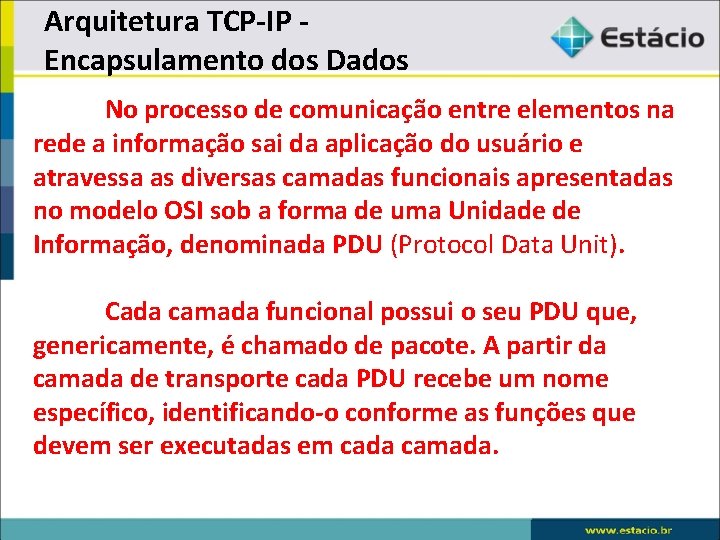 Arquitetura TCP-IP - Encapsulamento dos Dados No processo de comunicação entre elementos na rede