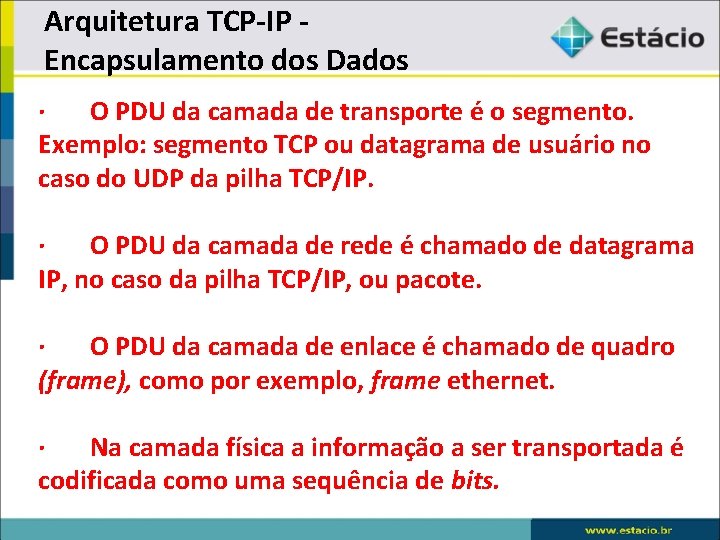 Arquitetura TCP-IP - Encapsulamento dos Dados · O PDU da camada de transporte é