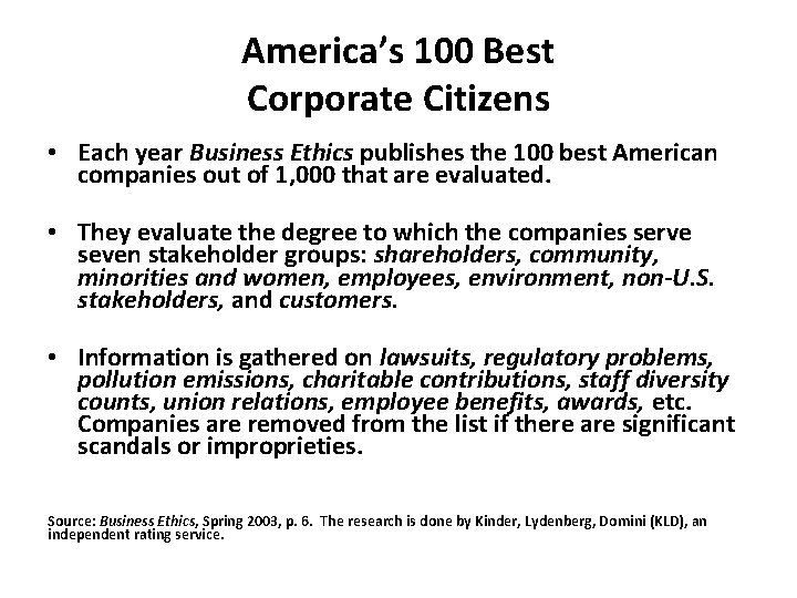 America’s 100 Best Corporate Citizens • Each year Business Ethics publishes the 100 best