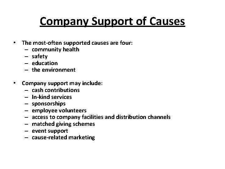 Company Support of Causes • The most-often supported causes are four: – community health