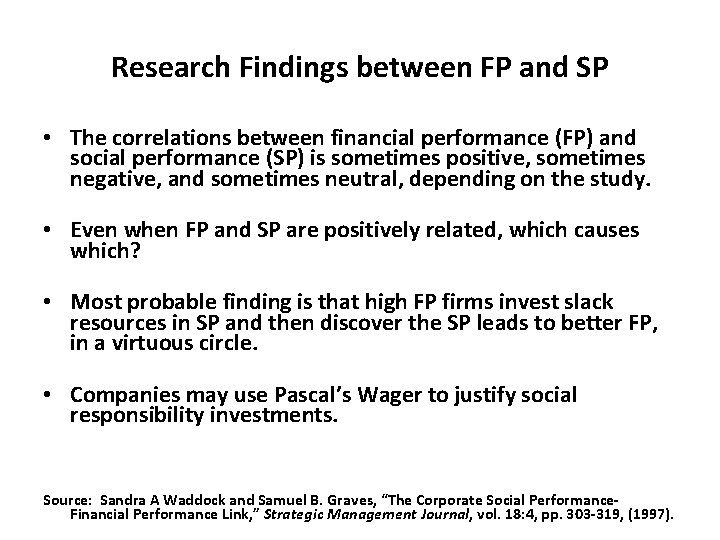 Research Findings between FP and SP • The correlations between financial performance (FP) and