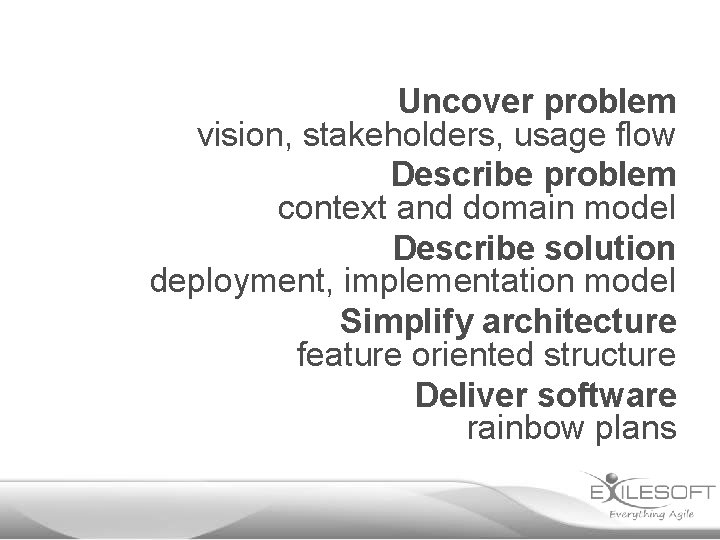Uncover problem vision, stakeholders, usage flow Describe problem context and domain model Describe solution