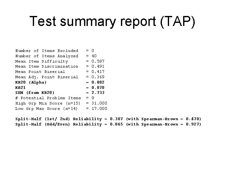Test summary report (TAP) Number of Items Excluded Number of Items Analyzed Mean Item