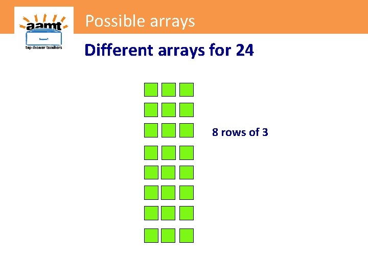 Possible arrays Different arrays for 24 8 rows of 3 