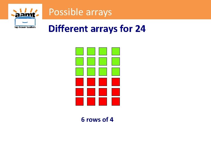 Possible arrays Different arrays for 24 6 rows of 4 