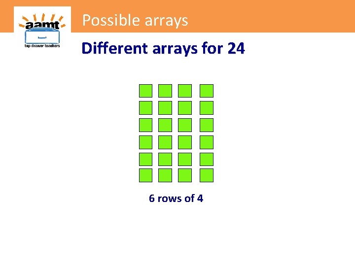 Possible arrays Different arrays for 24 6 rows of 4 