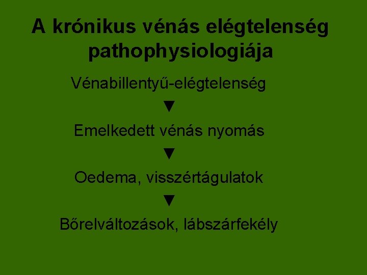 A krónikus vénás elégtelenség pathophysiologiája Vénabillentyű-elégtelenség ▼ Emelkedett vénás nyomás ▼ Oedema, visszértágulatok ▼