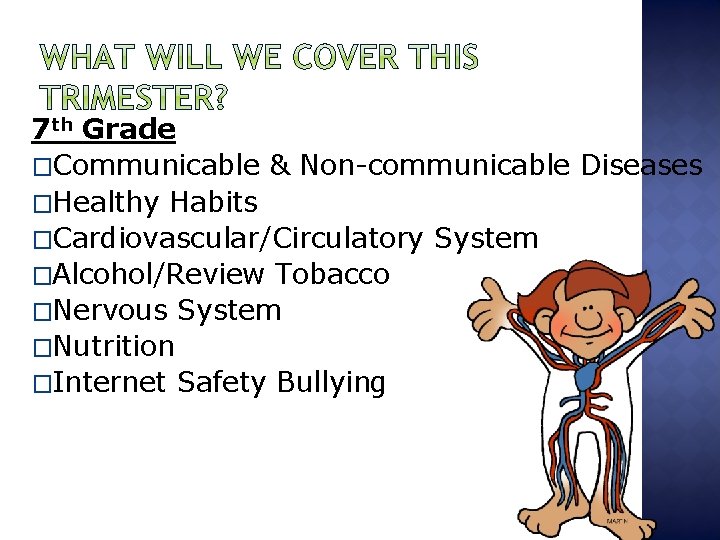 7 th Grade �Communicable & Non-communicable Diseases �Healthy Habits �Cardiovascular/Circulatory System �Alcohol/Review Tobacco �Nervous