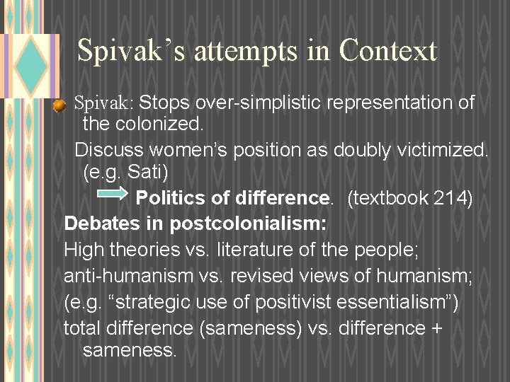 Spivak’s attempts in Context Spivak: Stops over-simplistic representation of the colonized. Discuss women’s position