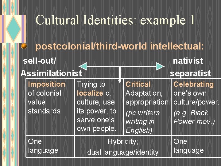 Cultural Identities: example 1 postcolonial/third-world intellectual: sell-out/ Assimilationist Imposition of colonial value standards One