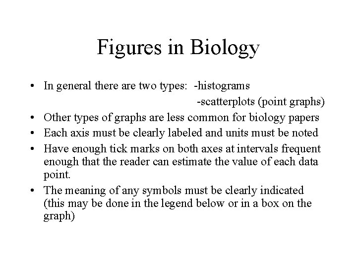 Figures in Biology • In general there are two types: -histograms -scatterplots (point graphs)
