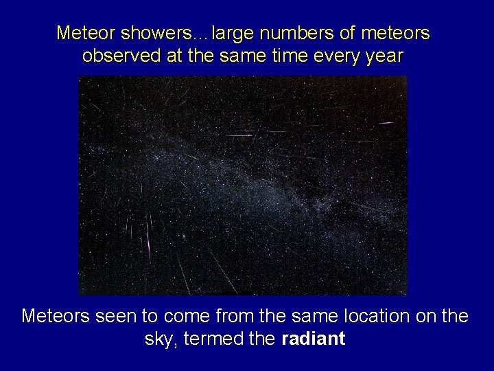 Meteor showers…large numbers of meteors observed at the same time every year Meteors seen
