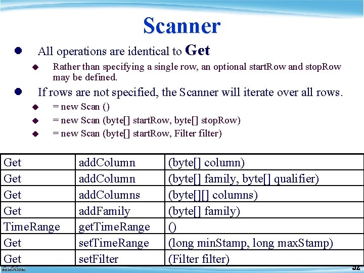 Scanner l All operations are identical to Get u l Rather than specifying a