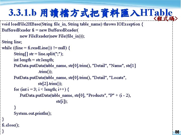 3. 3. 1. b 用讀檔方式把資料匯入HTable <程式碼> void load. File 2 HBase(String file_in, String table_name)