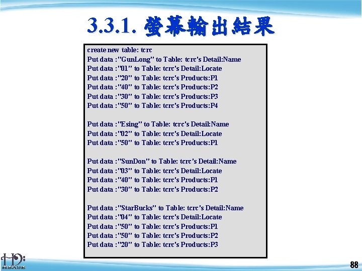 3. 3. 1. 螢幕輸出結果 create new table: tcrc Put data : "Gun. Long" to