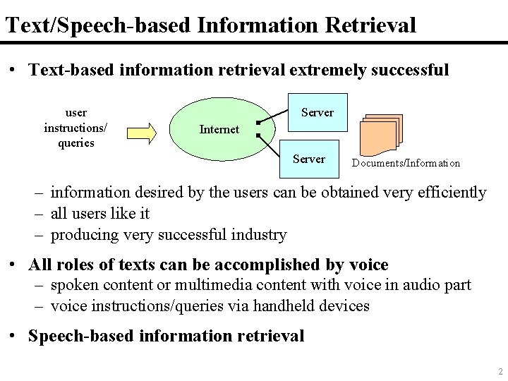 Text/Speech-based Information Retrieval • Text-based information retrieval extremely successful user instructions/ queries Server Internet