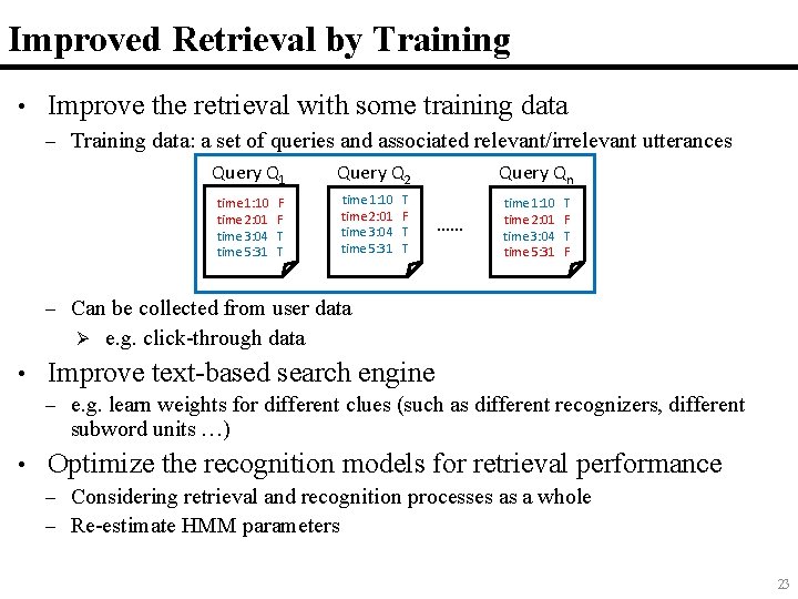 Improved Retrieval by Training • Improve the retrieval with some training data – Training Improved Retrieval by Training • Improve the retrieval with some training data – Training
