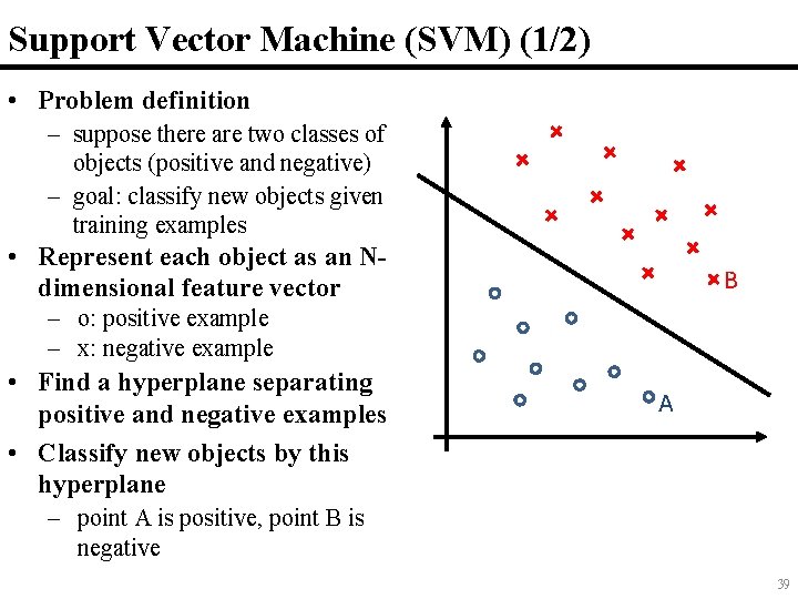 Support Vector Machine (SVM) (1/2) • Problem definition – suppose there are two classes