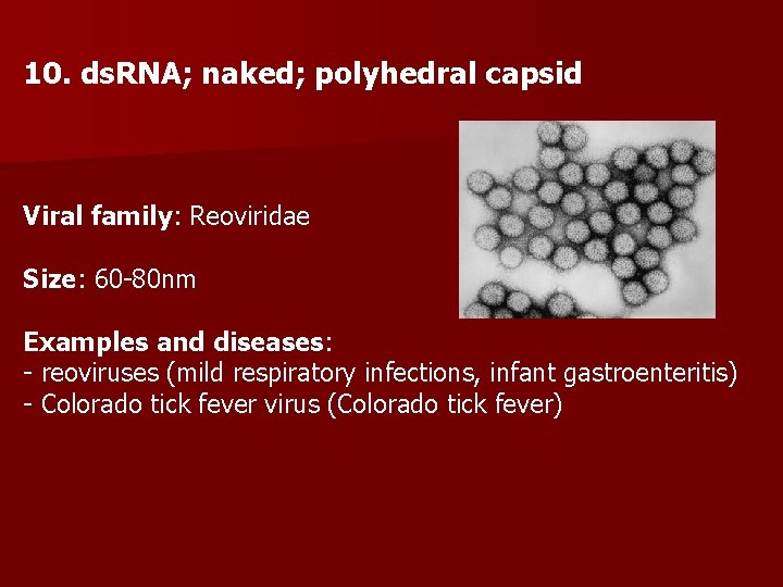 10. ds. RNA; naked; polyhedral capsid Viral family: Reoviridae Size: 60 -80 nm Examples